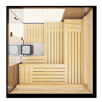 Wooden sauna with benches and a mirror on a white background
