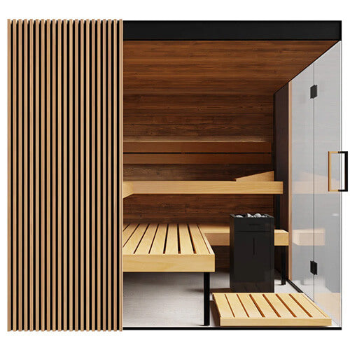 Wooden sauna with glass door on a white background