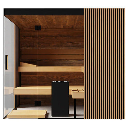 Wooden sauna with benches and a striped wall