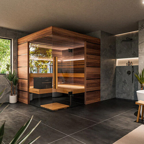 Modern bathroom with a wooden sauna.