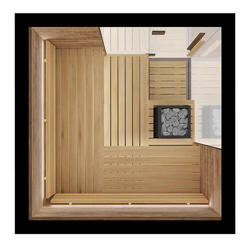 Wooden sauna interior with a bench and sauna heater.