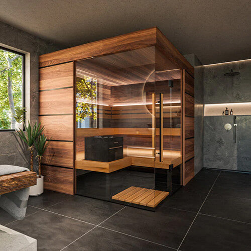 Modern steam room with wooden interior and glass door in a bathroom setting.
