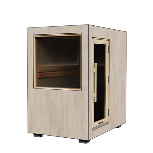 Wooden sauna with glass door on a white background