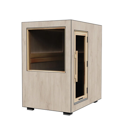 Wooden sauna with glass door on a white background
