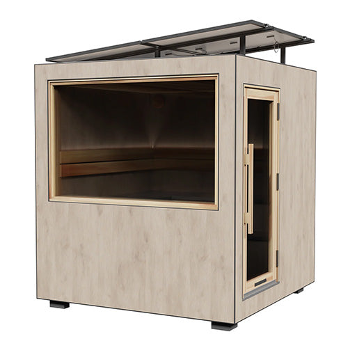 Wooden sauna with glass door on a white background