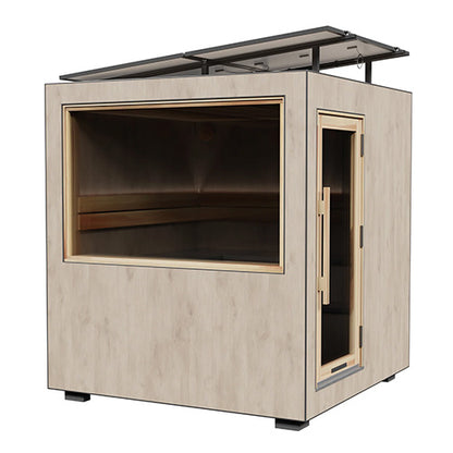Wooden sauna with glass door on a white background