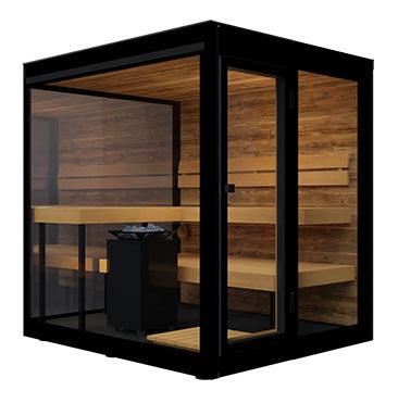 Wooden and glass sauna with black frame on a white background