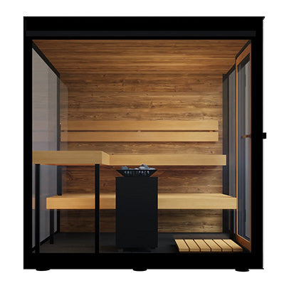 Wooden sauna with black frame and bench