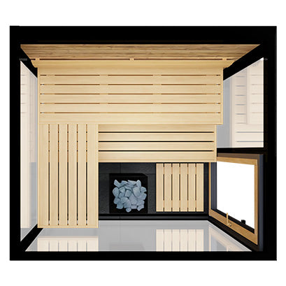 Wooden sauna with a door open, showing interior and exterior views.