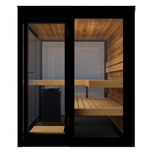Wooden sauna with black frame on a white background