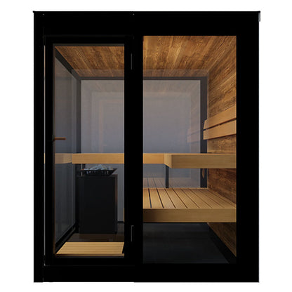 Wooden sauna with black frame on a white background