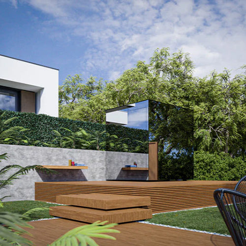 Modern outdoor setting with a reflective mirror and wooden bench against a blue sky.