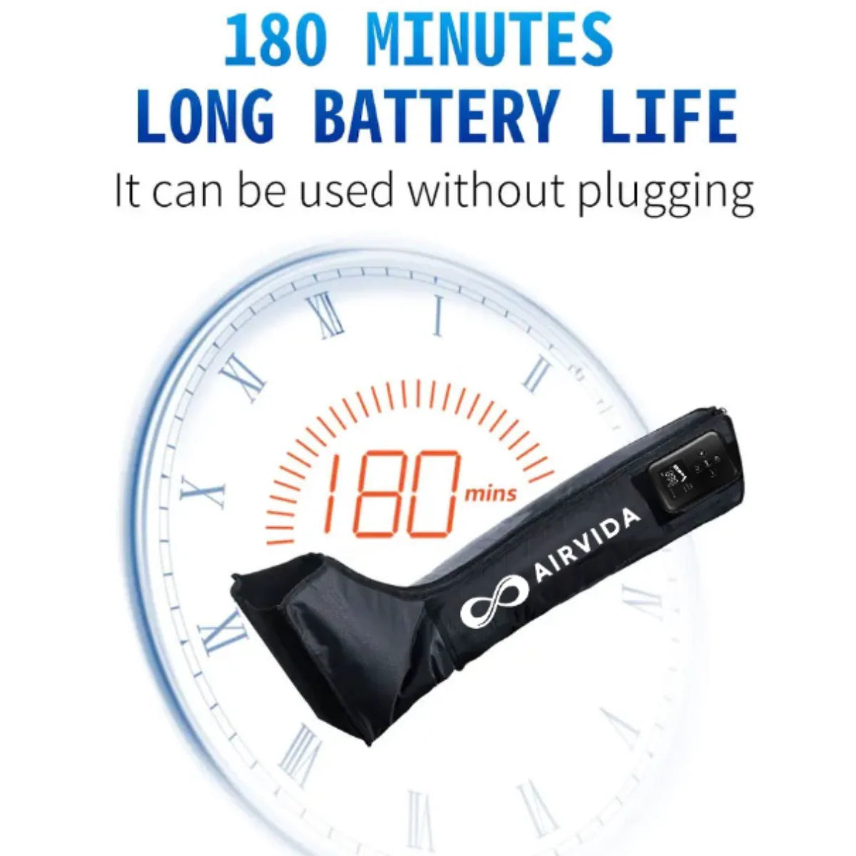 battery 180 minutes battery life display on a clock face background, featuring the Airvida brand.