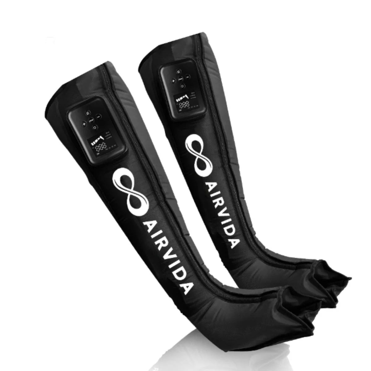 Black AIRVIDA leg wraps with digital controls on a white background