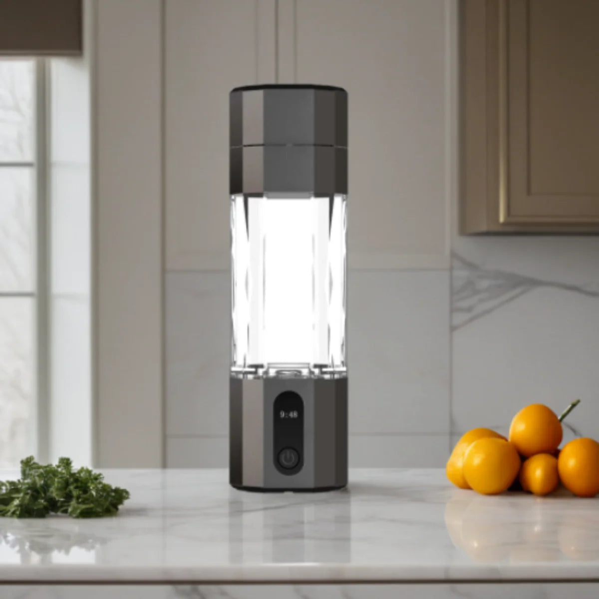 Portable water bottle  on a kitchen counter with fruits and vegetables in the background