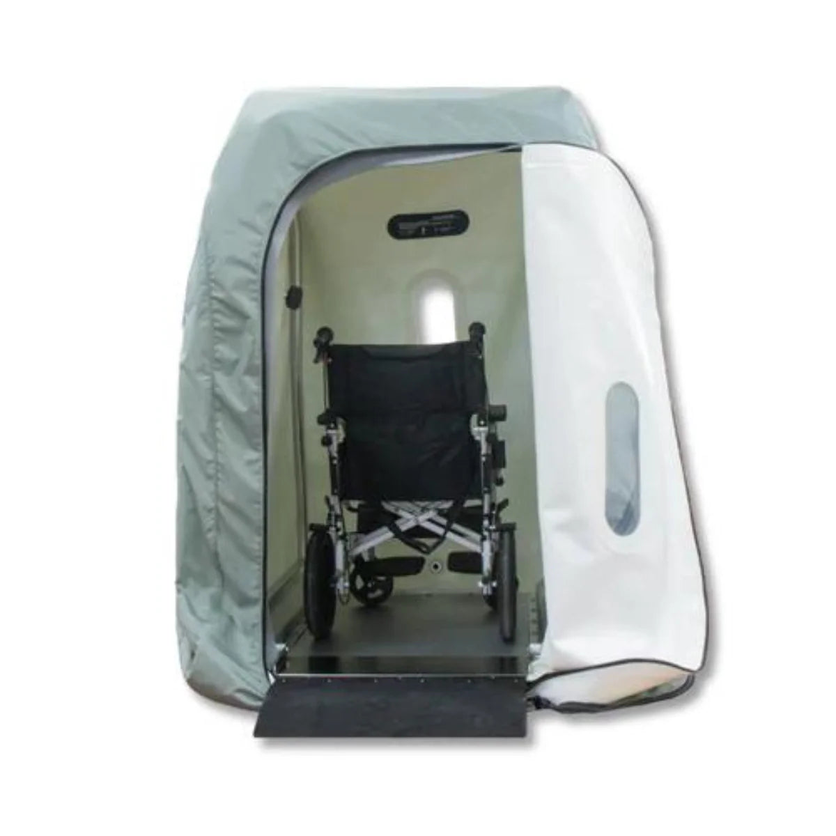 Wheelchair accessible Hyperbaric chamber with a clear cover on a white background