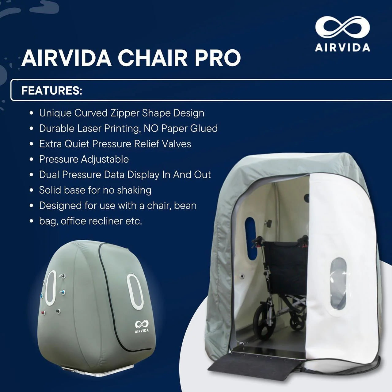 AIRVIDA Chair Pro with features listed on a blue background