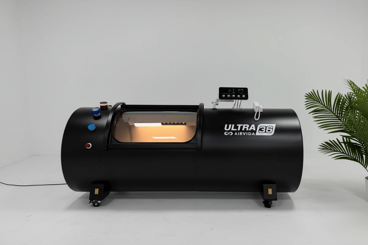 black airvida 'Ultra 36' branded hyperbaric chamber on a white background