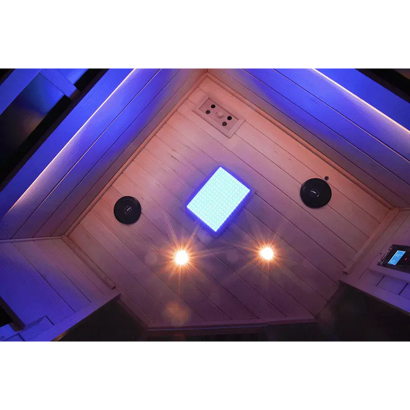 Ceiling with embedded lights and a square light fixture