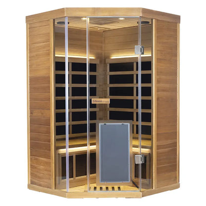 Wooden sauna with glass door on a white background