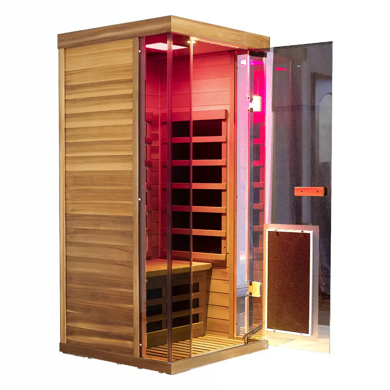 Wooden sauna with red interior light on a white background