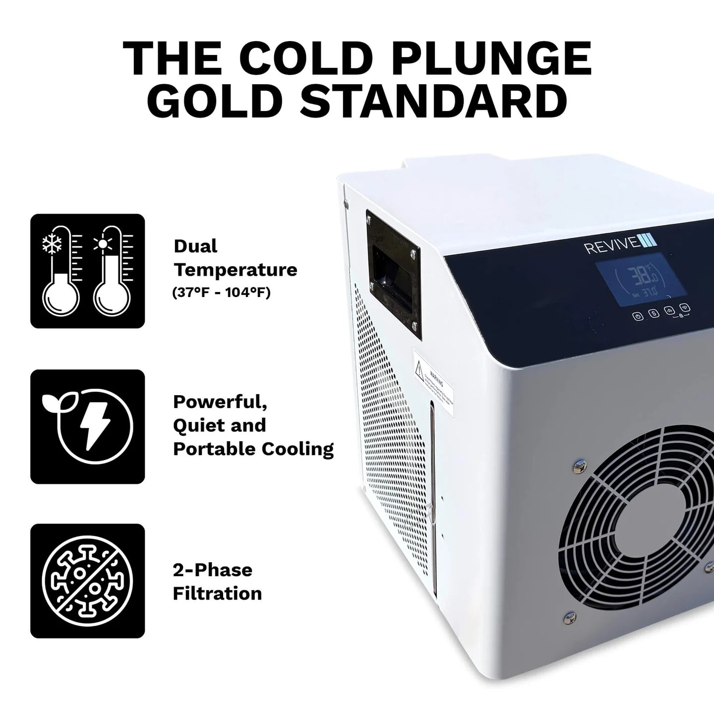 Portable cooling unit with features listed on a white background