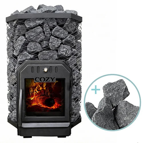 Cozy sauna heater with stones and close-up inset on a white background