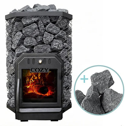Cozy sauna heater with stones and close-up inset on a white background