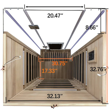 Measurement chart of a sauna with dimensions labeled