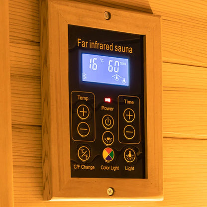 Control panel for a far infrared sauna with digital display and control buttons.