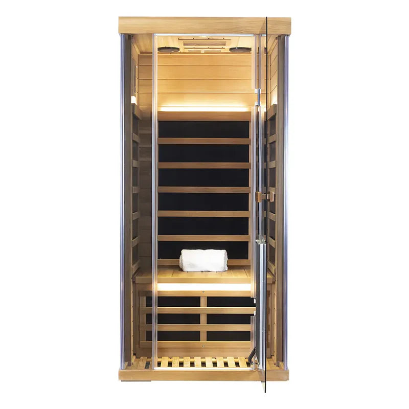 Infrared sauna with wooden interior and glass door on a white background