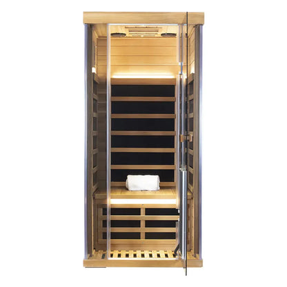 Infrared sauna with wooden interior and glass door on a white background