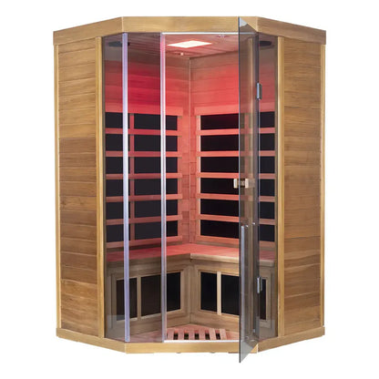 Infrared sauna with wooden exterior and glass door on a white background