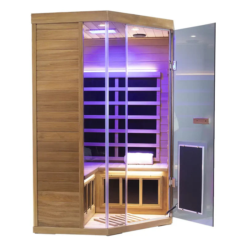 Infrared sauna with wooden exterior and glass door open on a white background