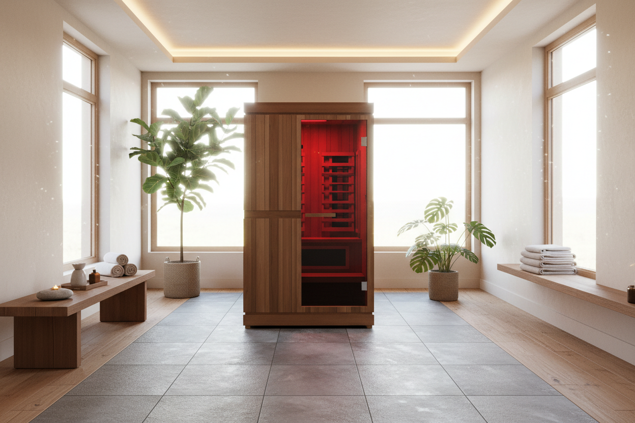 Finnmark FD-4 Trinity infrared sauna in a room with plants