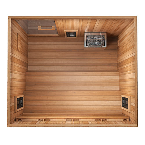 Wooden sauna interior with a heater on the wall.