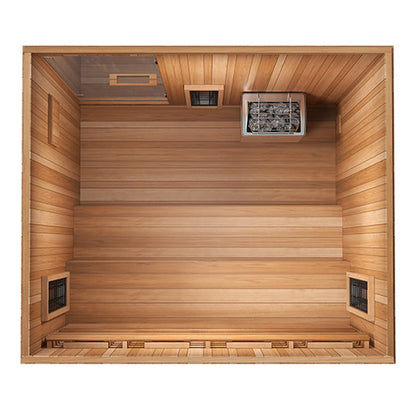 Wooden sauna interior with a heater on the wall.