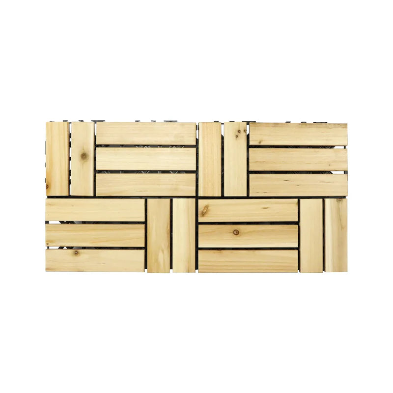 Wooden deck tiles with a woven pattern on a white background