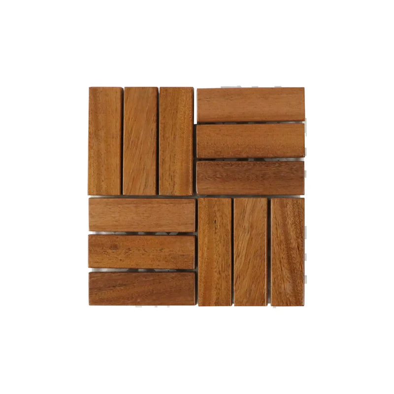 Wooden deck tiles arranged in a geometric pattern on a white background