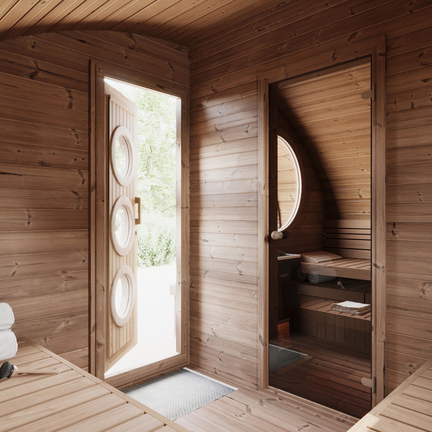 Wooden sauna interior with open door revealing a natural light setting