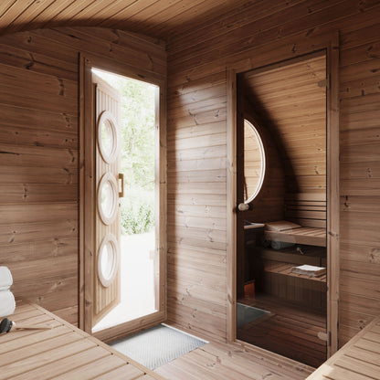 Wooden sauna interior with open door revealing a natural light setting