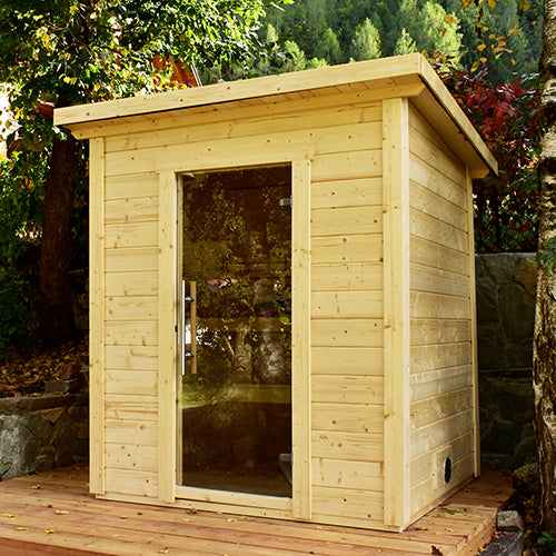 wood sauna on a garden