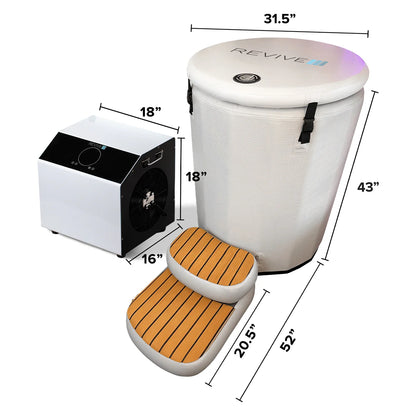 White portable shower with dimensions labeled on a white background