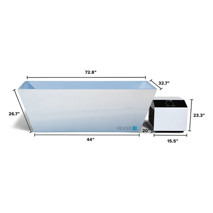 Dimensions of a large rectangular planter and a smaller air cooler on a white background