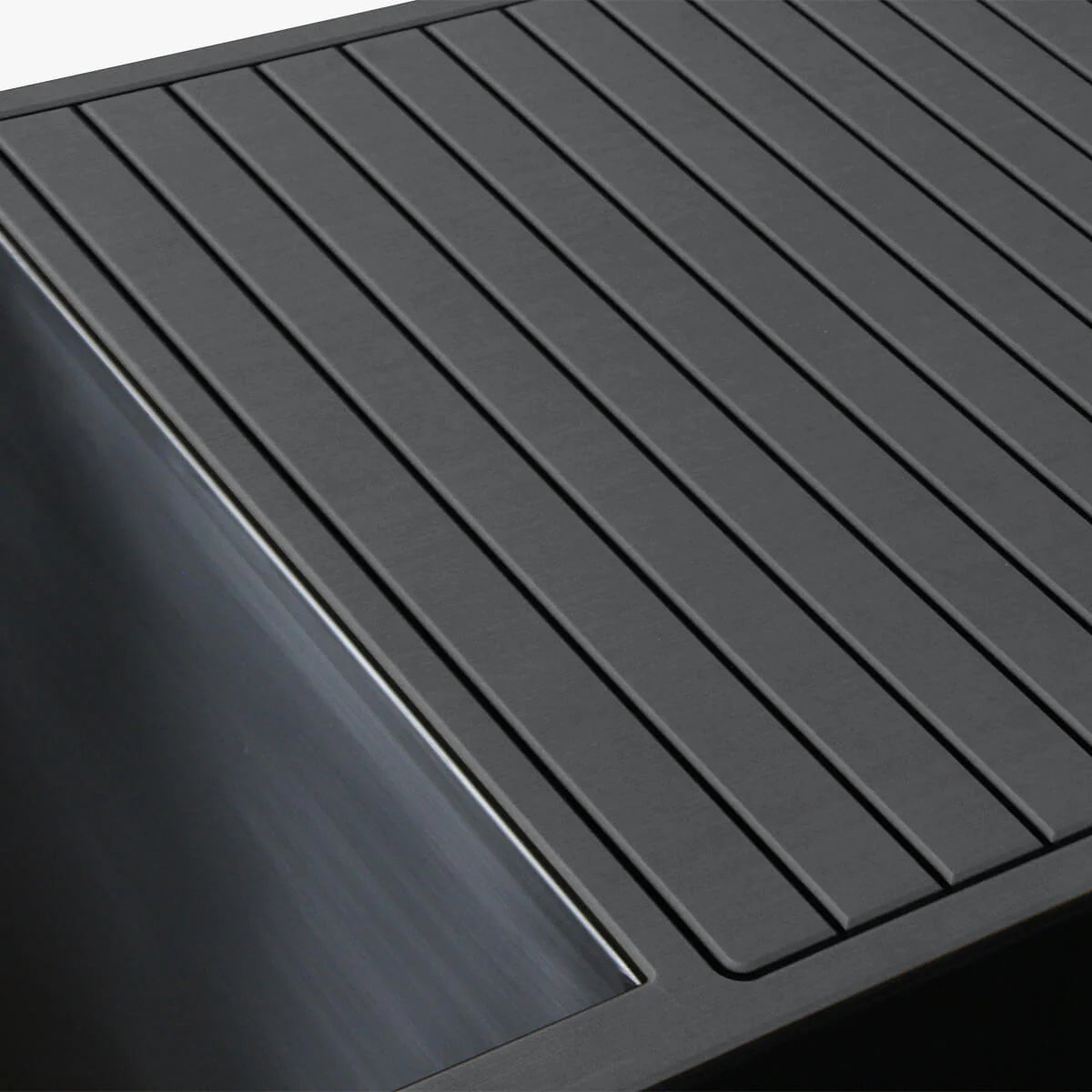 Close-up of a grey deck with horizontal slats