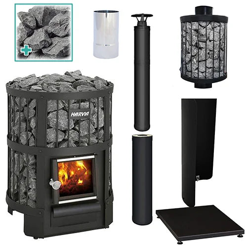 Harvia stove with accessories including a stand, ash pan, and kindling holder on a white background.
