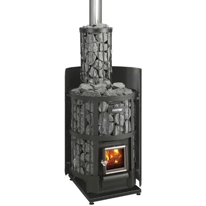 Wood-burning stove with visible fire and stone design on a white background