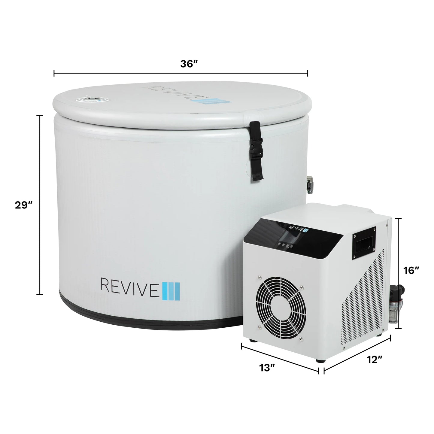 Cold tub and chiller with dimensions  on a white background.