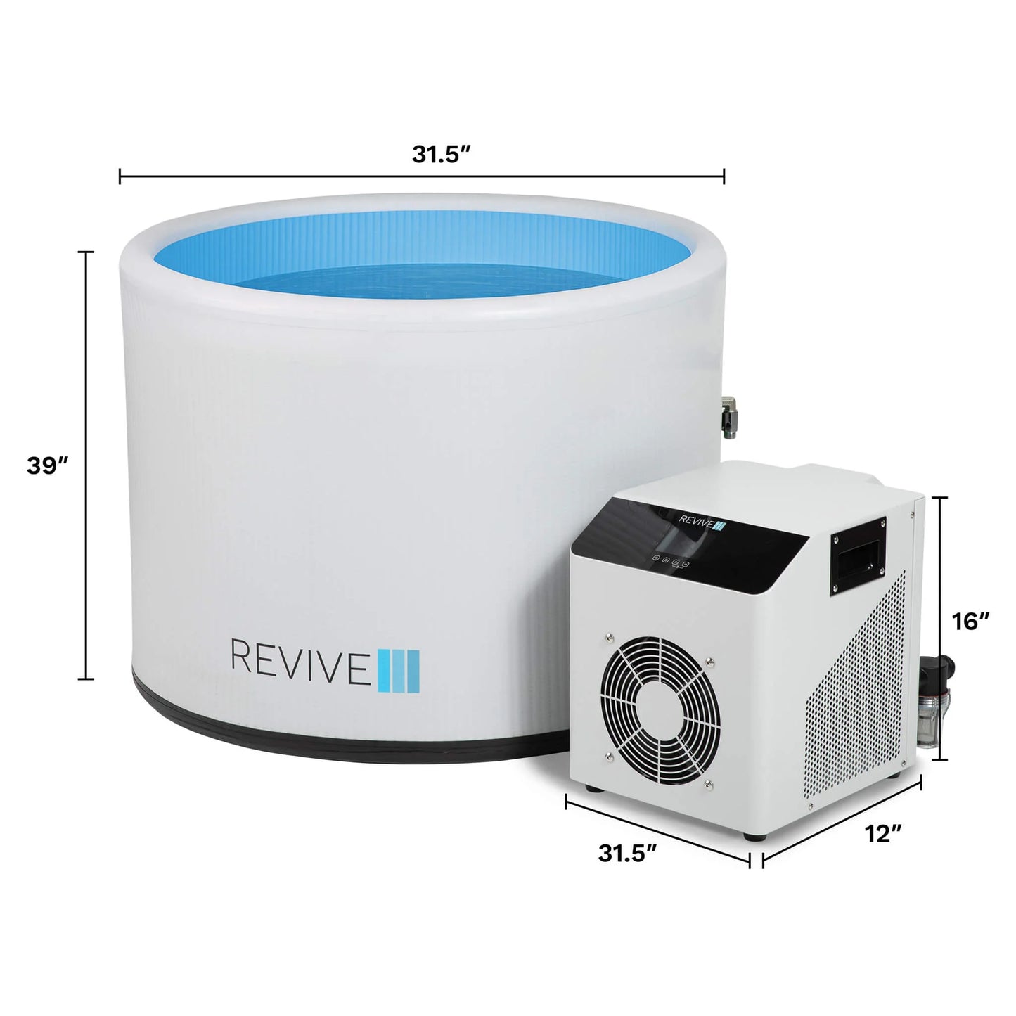 Revive cold tub with dimensions on a white background