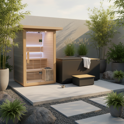 Outdoor sauna and cold tub with plants and a stone pathway